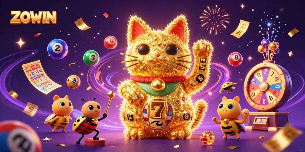 ZOWIN's vibrant lucky cat illustration captivates with animated casino symbols, exciting players.