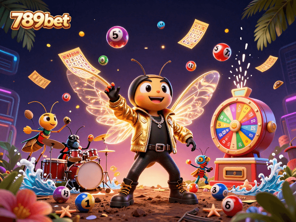 Engage with the vibrant world of 789bet as a cartoon cicada rock star performs with a dynamic band surrounded by exciting gambling elements.