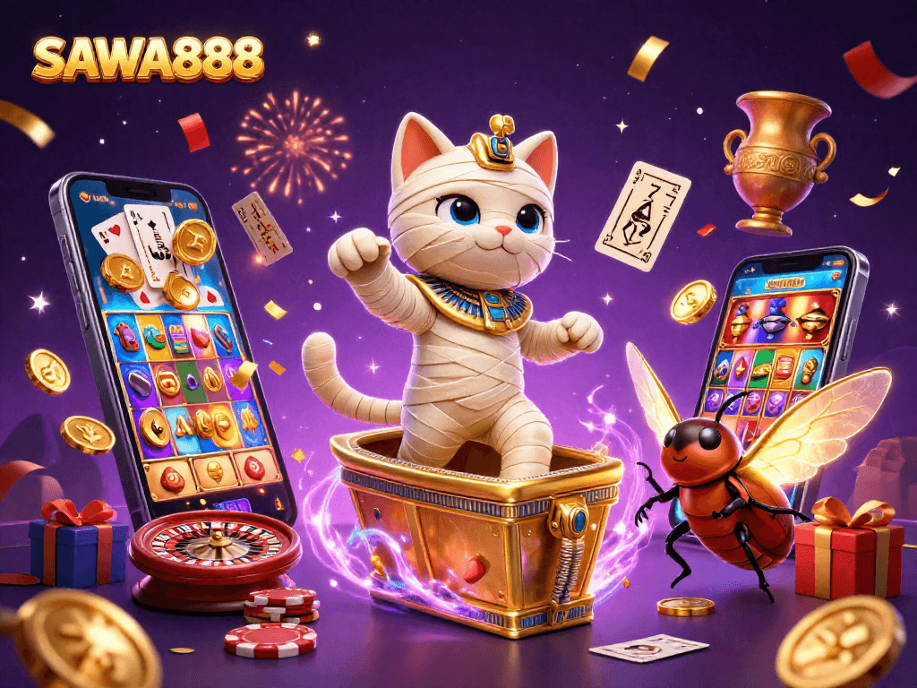 Experience SAWA888 with a vibrant scene featuring a mummy cat and scarab in a pyramid casino environment.