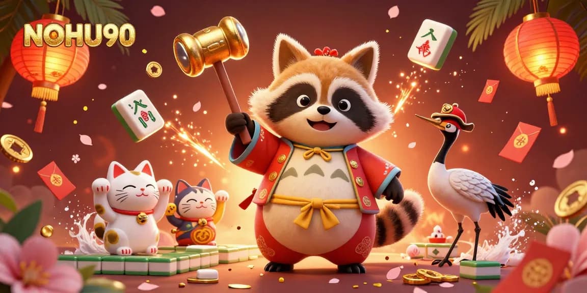Engage with NOHU90's vibrant 3D festive scene featuring a tanuki and lucky cats amidst casino symbols.