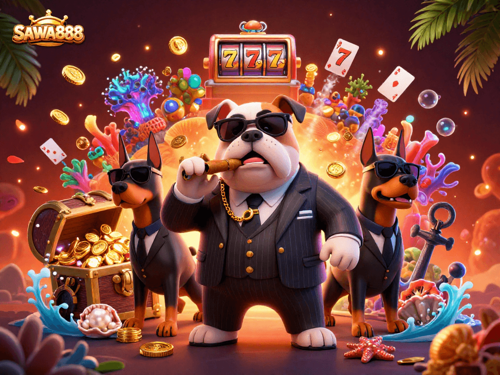 Engage with SAWA888's thrilling slot reels and treasures through vibrant 3D casino illustration.