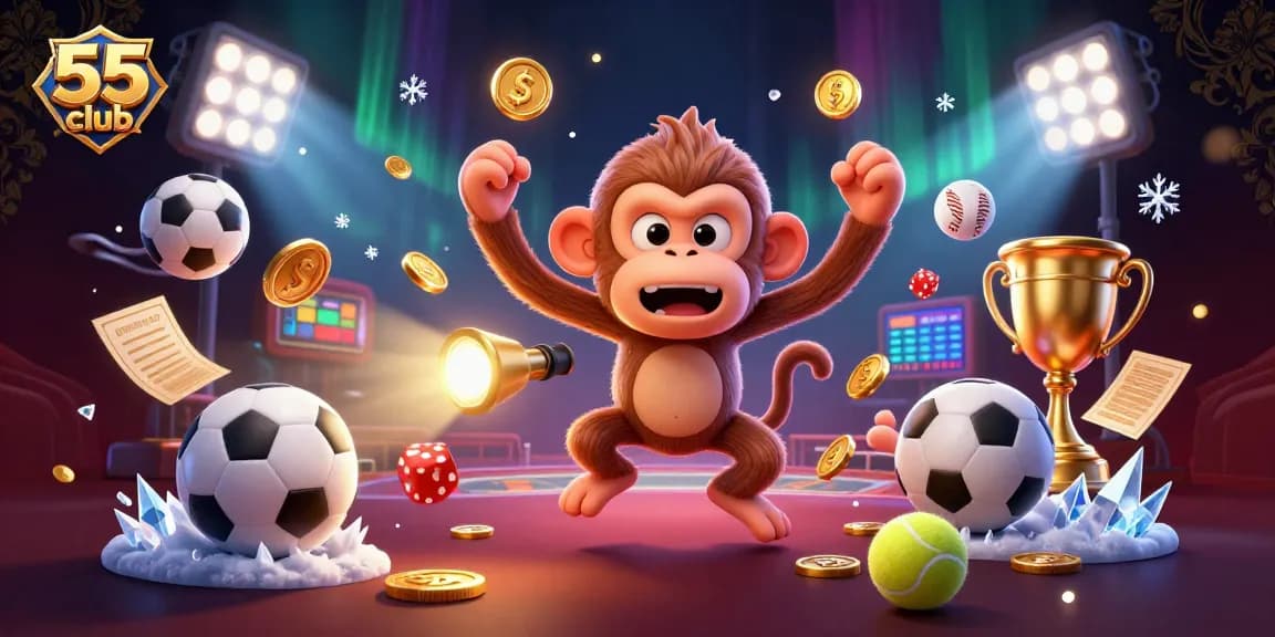Experience the thrill of 55 club with mischievous characters in a dynamic casino scene.