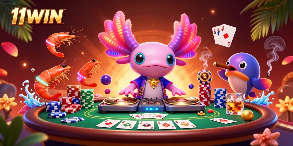 Experience 11WIN thrills with neon-color axolotl DJ and vibrant poker scene.
