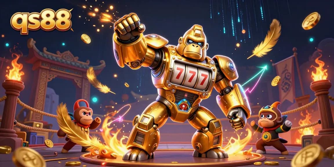 qs88 monkey pilot in golden gorilla mech launching coins in a lively casino scene