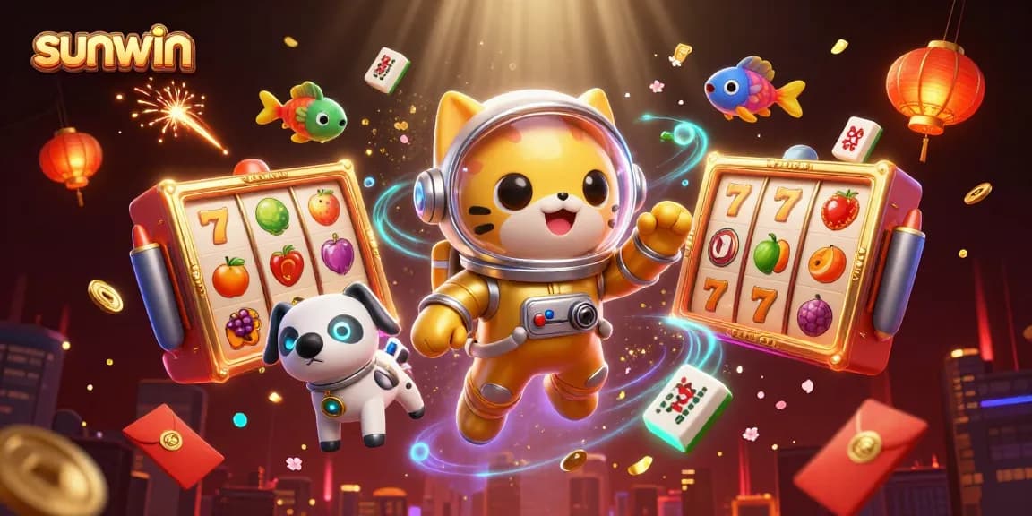 Engage in thrilling games at sunwin with a vibrant 3D illustration showcasing lively elements like slot reels and golden coins.