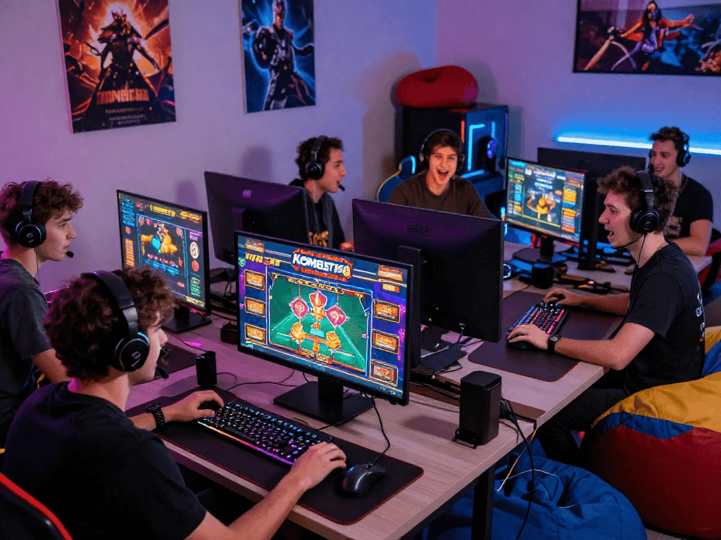 Online gaming scene with players immersed in KOMBET168 action and vibrant graphics.