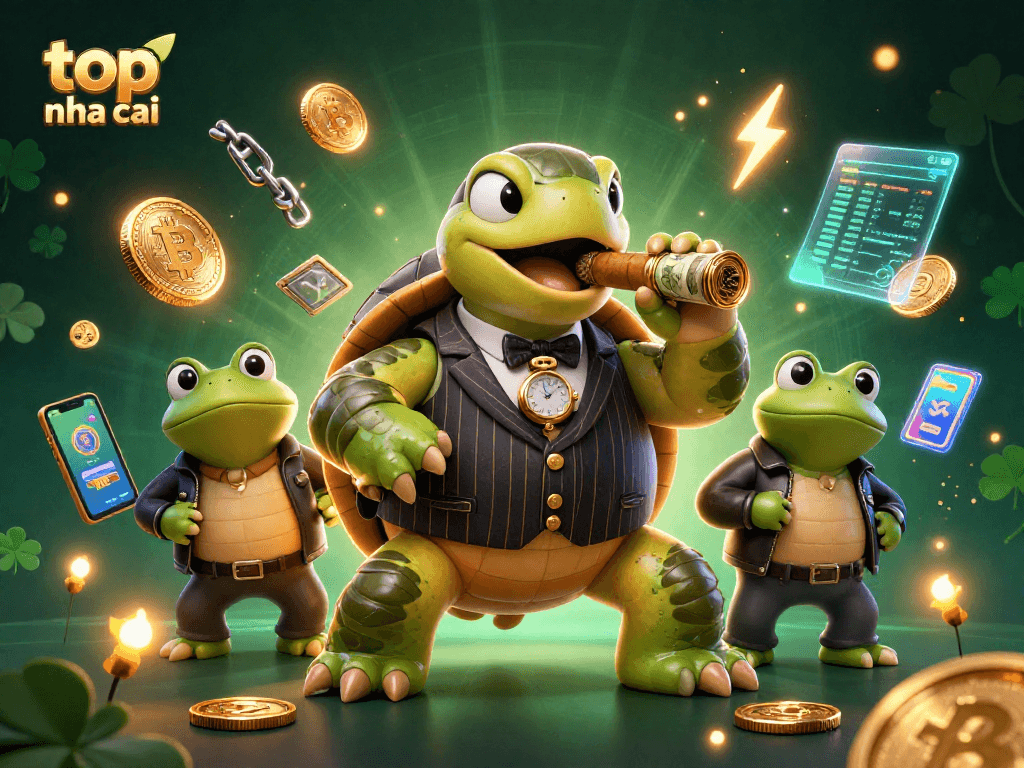 Top nha cai themed illustration with dynamic casino characters and crypto gaming elements.