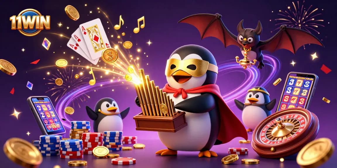 Experience thrilling moments with 11WIN as a penguin organist unleashes golden coins amidst dazzling casino elements.