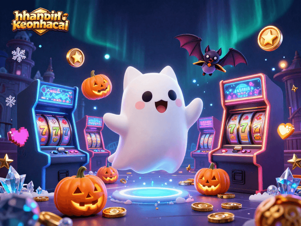 Experience thrilling games at nhandinhkeonhacai with a ghost cat and vampire bat in a haunted casino scene.