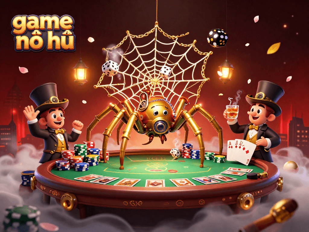 Engaging scene showcasing game nổ hũ with steampunk spider and jackpot elements in a vibrant casino atmosphere.