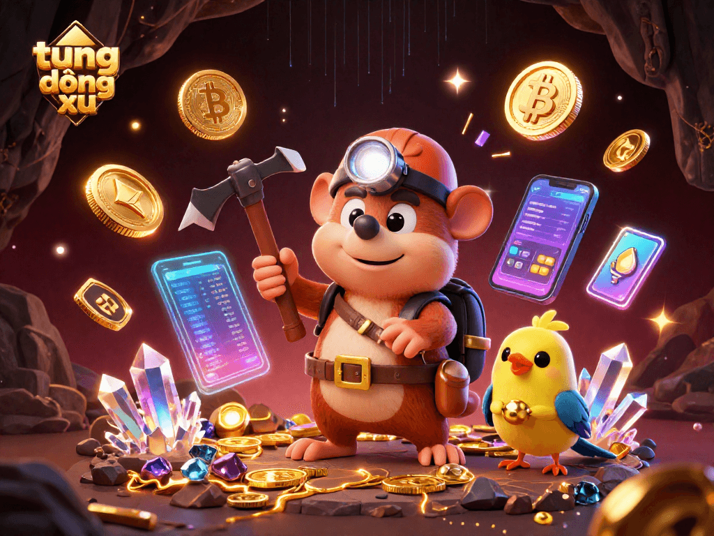 Experience the thrill of playing tung đồng xu with our immersive 3D illustration showcasing vibrant crypto elements.