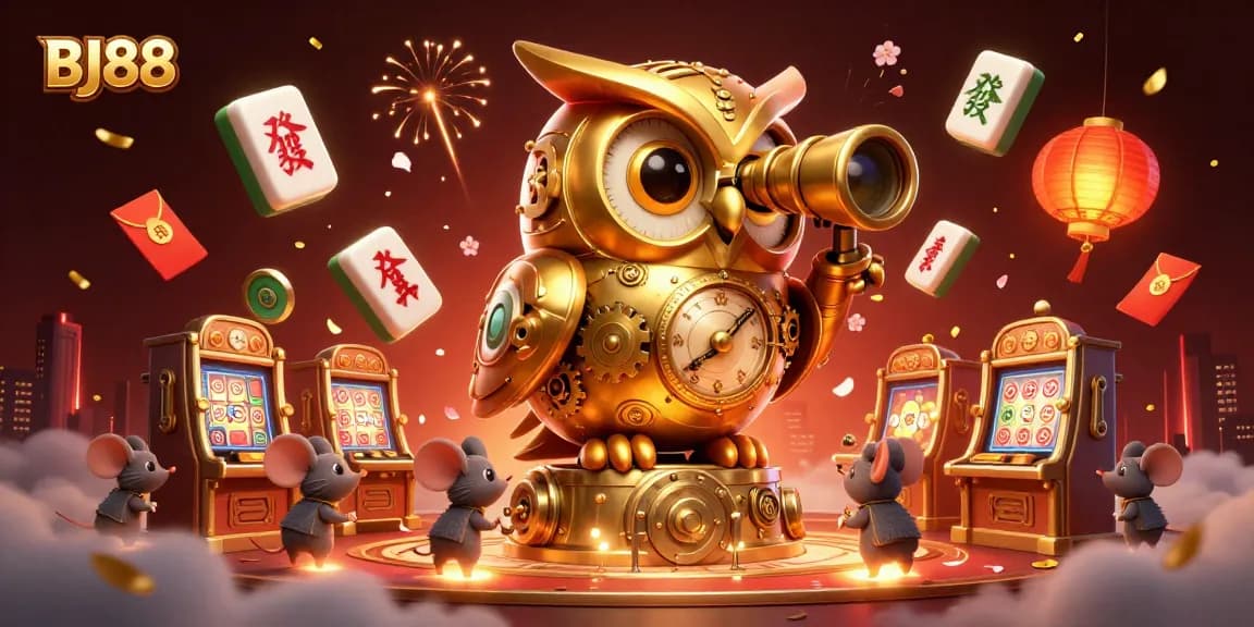 Experience thrilling gameplay at BJ88 with vibrant ovens and lucky symbols lighting up a dynamic casino scene.