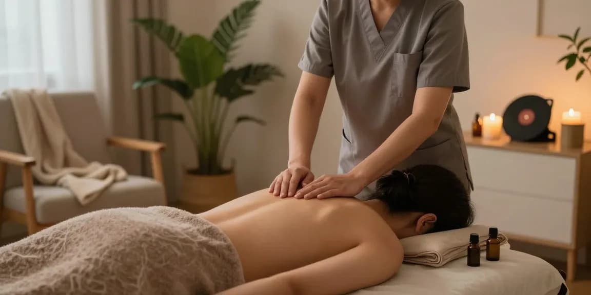 Relaxing 출장안마 session in a serene home atmosphere with soothing elements.