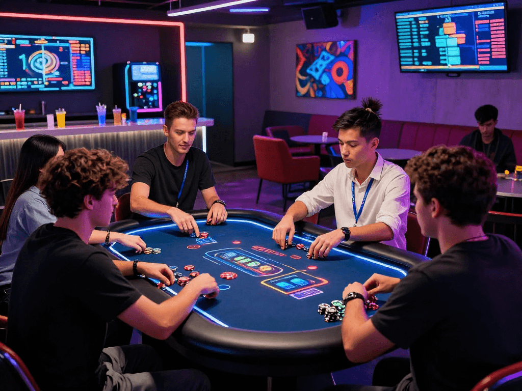 Exciting crypto casino experience with diverse players engaged in a blockchain poker game surrounded by futuristic decor and digital screens.