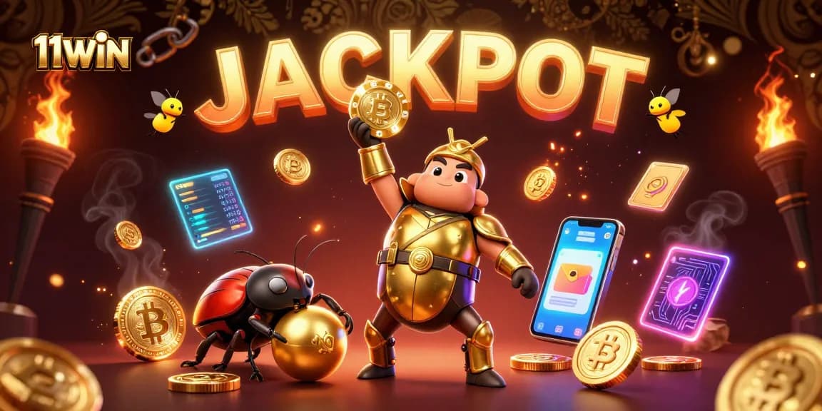 11WIN features a heroic beetle triumphantly raising a poker chip among dazzling crypto elements.