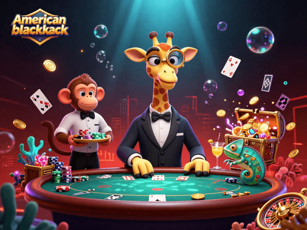 Play american blackjack with a high-roller giraffe at a vibrant online casino table.