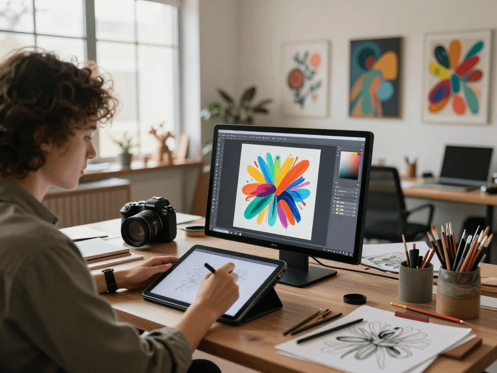 Creative artist designing NSFW AI art in a vibrant studio.