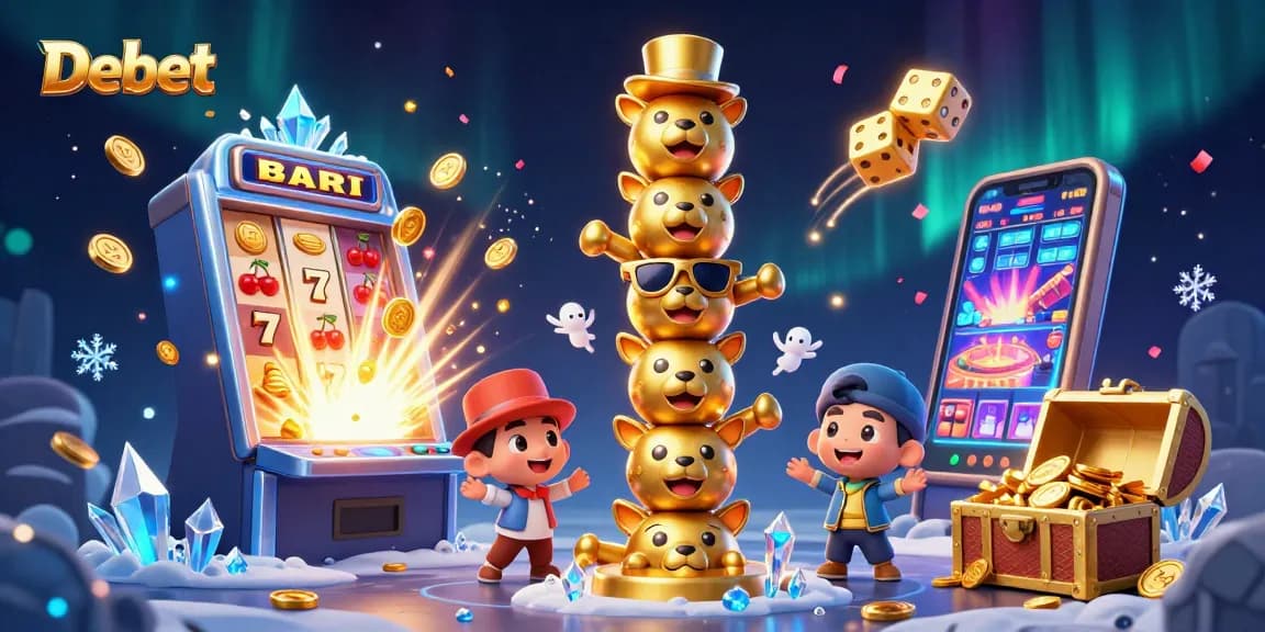 Debet engages players with a 3D digital casino adventure featuring animated totem faces and jackpot excitement.