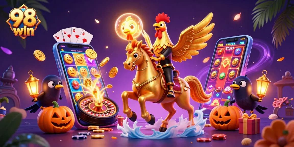 Win big at 98 win with this vibrant 3D casino scene featuring jackpot slots and dynamic game elements.