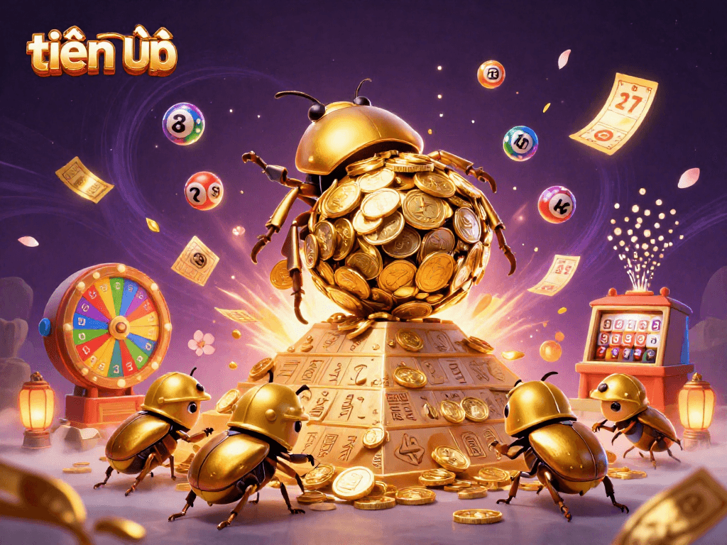 Engage in the game of tiến lên with vibrant lottery elements and golden beetles celebrating wins.