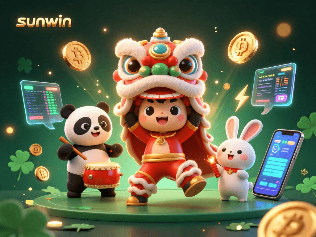 Win big with sunwin in a vibrant casino scene showcasing a lion dance and crypto elements.