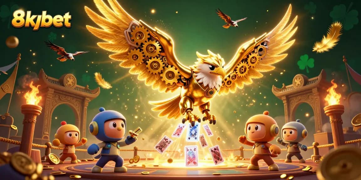 Experience thrilling gameplay with 8xbet, featuring a golden eagle amidst holographic cards and betting tokens.