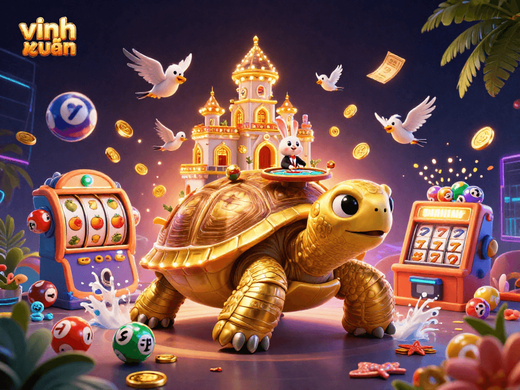 Play the vĩnh xuân slot with lively characters and vibrant elements surrounding the casino scene.