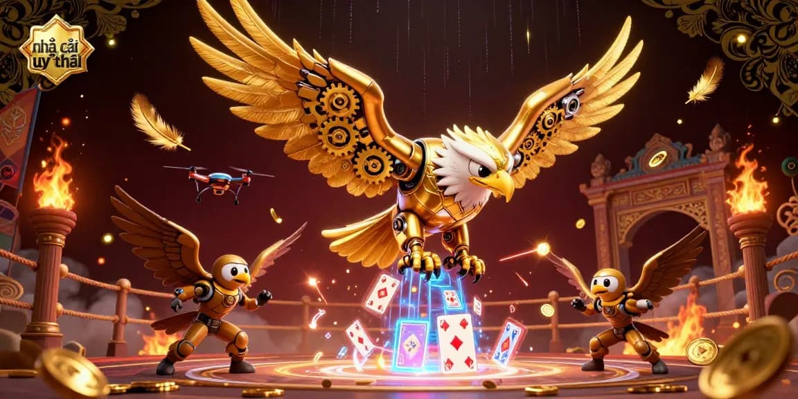 Experience thrilling action at nhà cái uy tín, featuring a golden eagle soaring through holographic cards in an exciting gambling atmosphere.