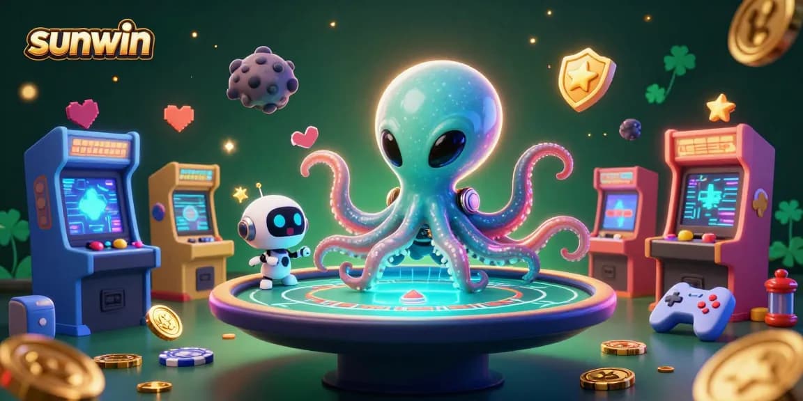 Experience sunwin's dynamic gaming universe with a colorful alien poker scene featuring vibrant arcade elements.