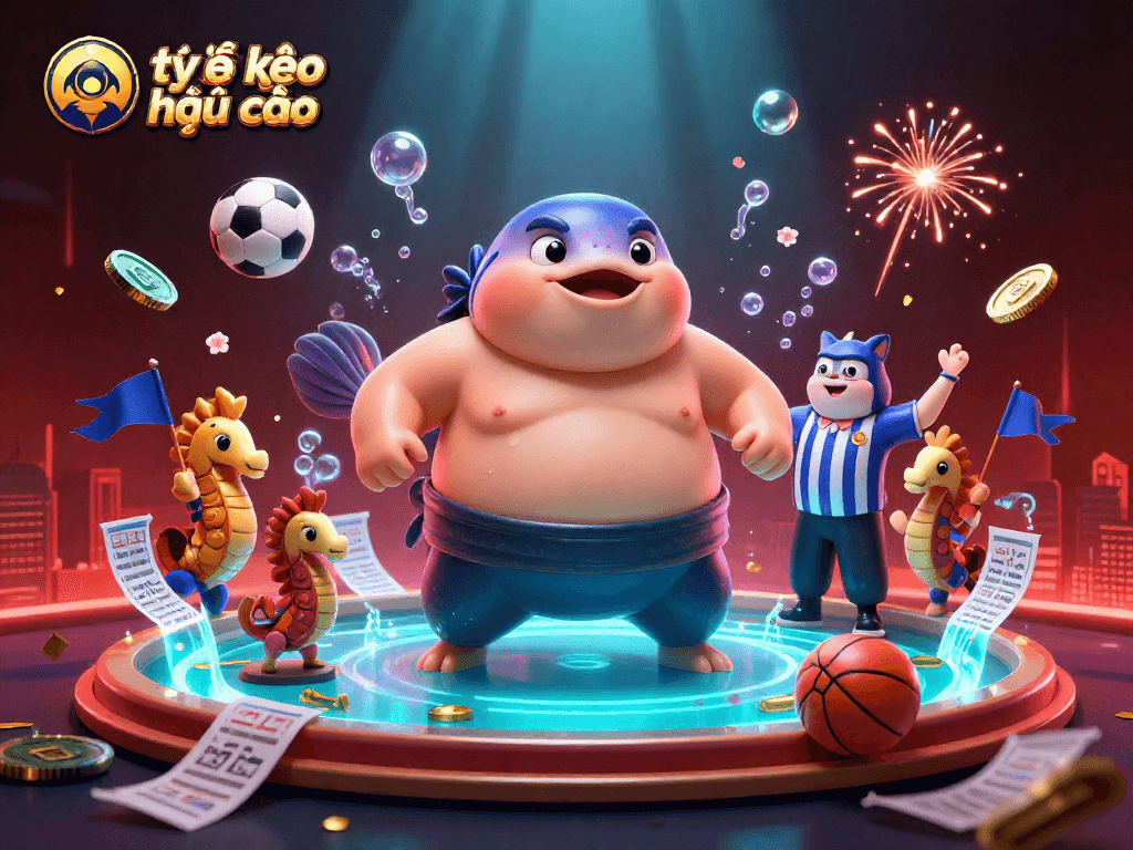 Betting with tỷ lệ kèo nhà cái in a vibrant underwater sports scene featuring a fugu and catfish referee.