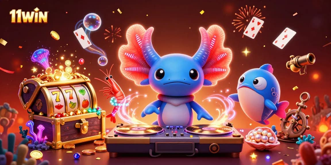 Win big at 11WIN with an exciting underwater casino party featuring a DJ axolotl.