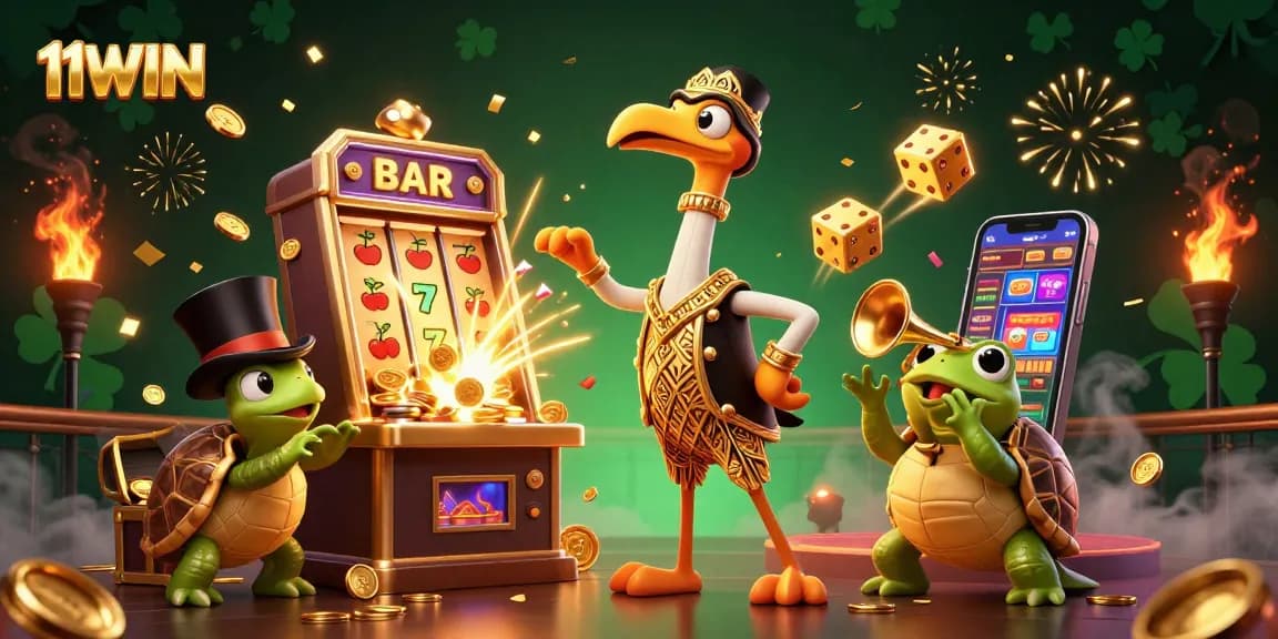 Experience the excitement of 11WIN with a vibrant 3D casino scene packed with characters and game elements.