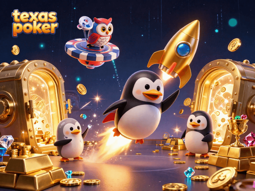 A thrilling texas poker scene where a golden penguin flies towards a casino chip while treasures burst from a vault.