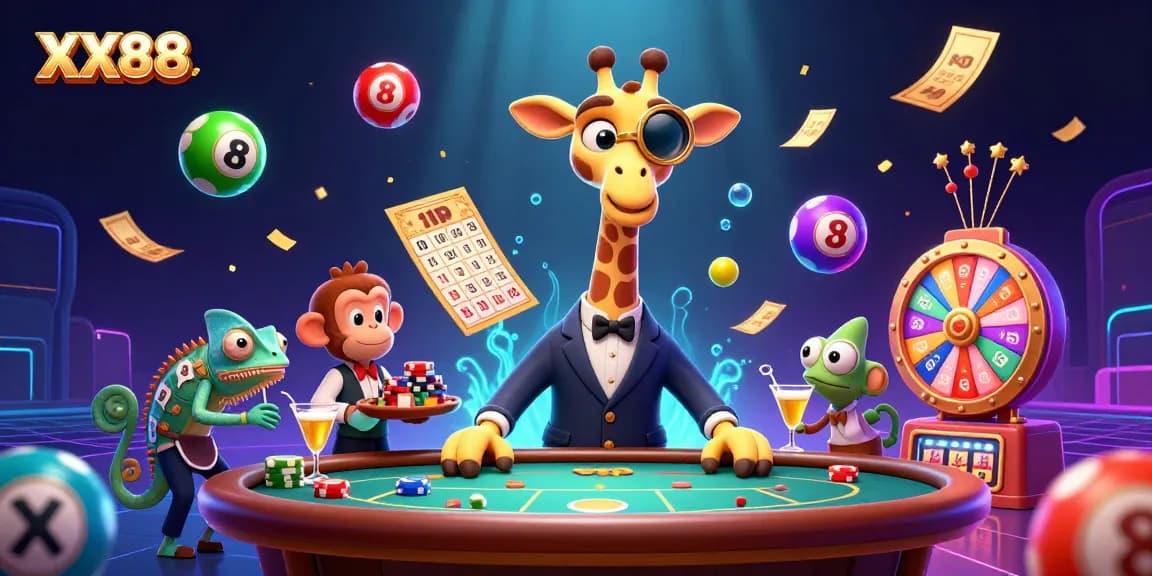 Experience the excitement of XX88 with vibrant lottery elements and casino characters in action