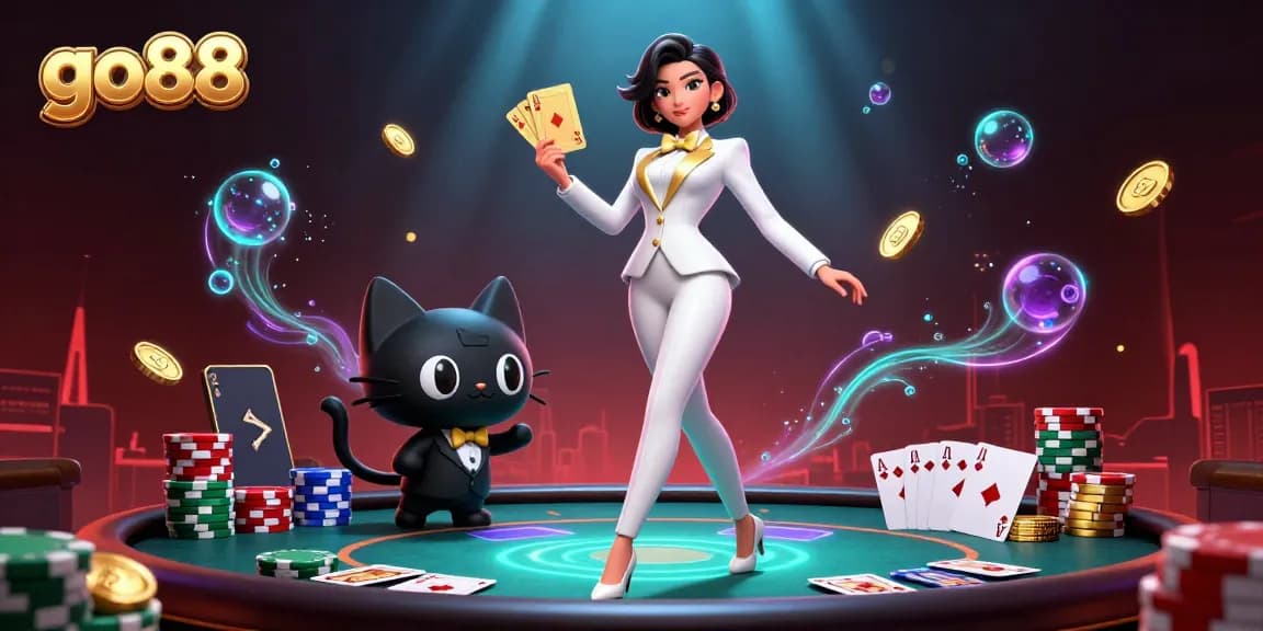 Experience thrilling poker action at go88 with a glamorous dealer shuffling golden cards.
