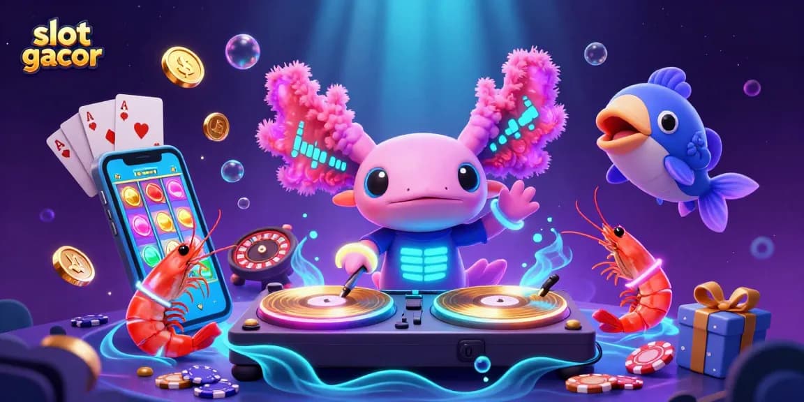 Discover thrilling slot gacor excitement with a vibrant 3D casino scene featuring an axolotl DJ and gaming elements.