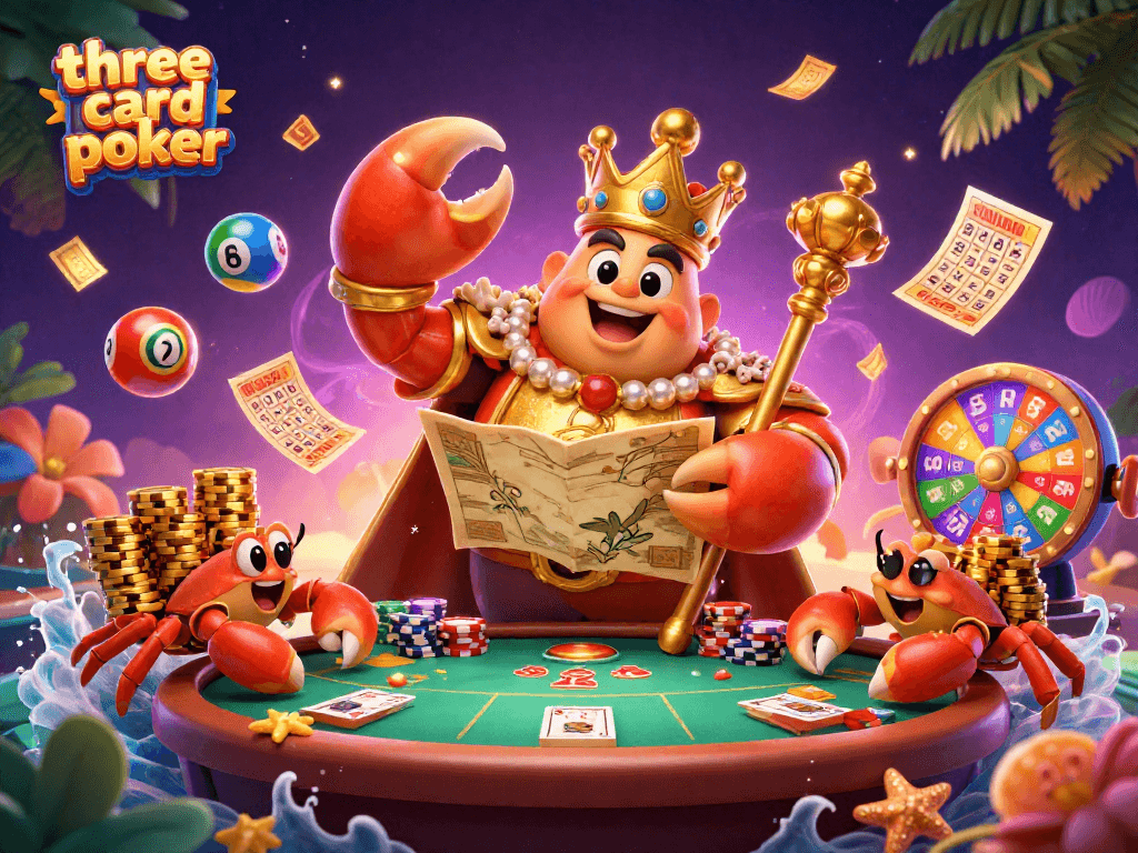 Engage in three card poker with a vibrant, dynamic 3D casino scene featuring colorful game elements.