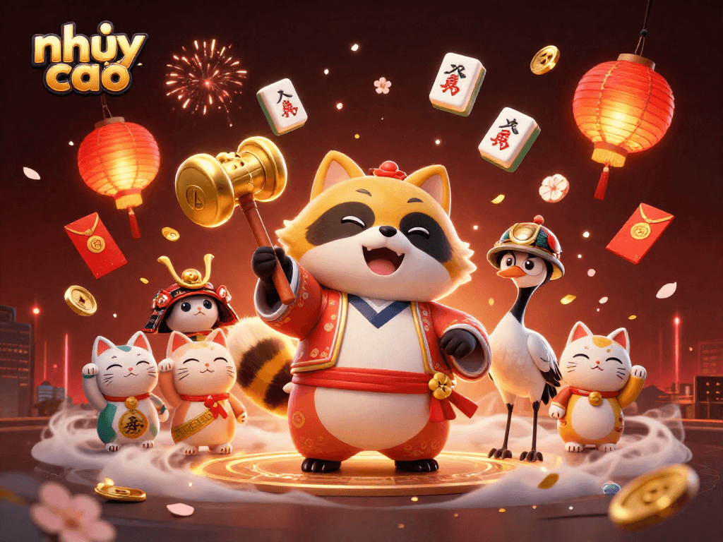 Engage in the thrilling experience of nhảy cao with festive 3D illustrations featuring lucky symbols and cheerful characters.