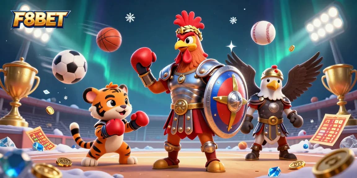 Experience the excitement of F8BET with a 3D gladiator rooster and a tiger cub in a lively casino scene.