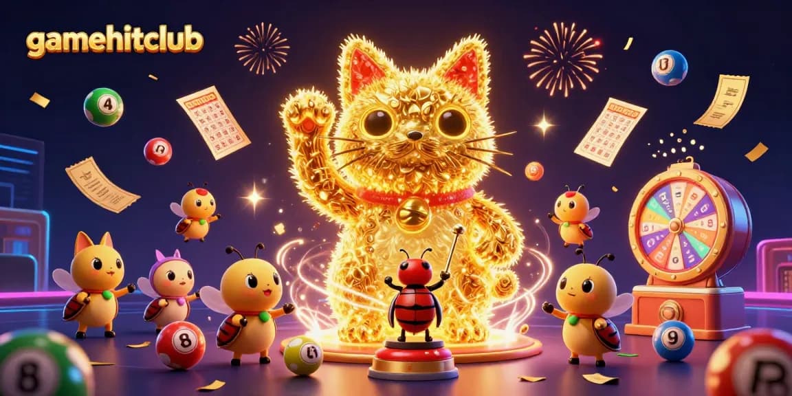 Experience thrilling moments at gamehitclub with colorful lottery balls and a lucky cat symbolizing good fortune.
