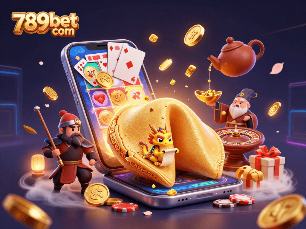 Engage with vibrant gameplay at 789bet com featuring a dynamic slot game scene and a golden fortune cookie.