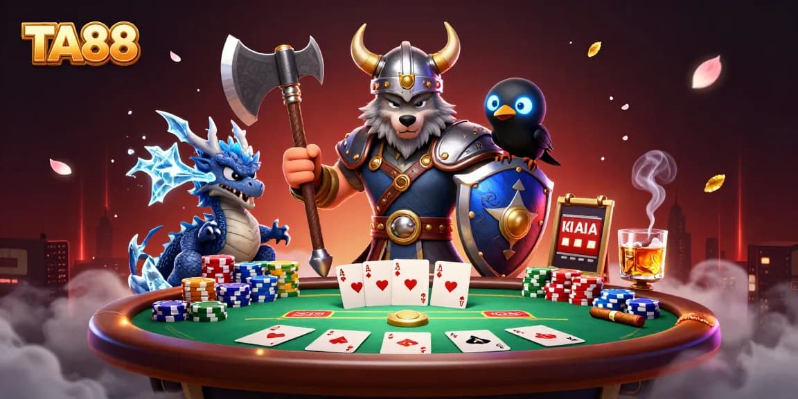 Engage in thrilling poker action at TA88 with a Viking warrior, dragon, and raven!