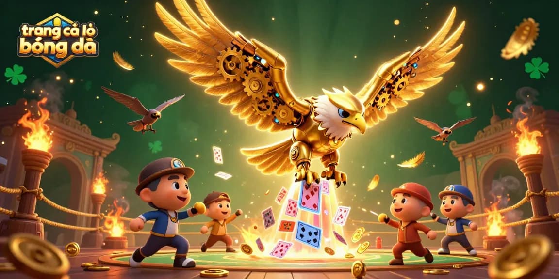 Engage in thrilling action with trang cá độ bóng đá in this vibrant 3D scene filled with golden eagles and holographic cards.