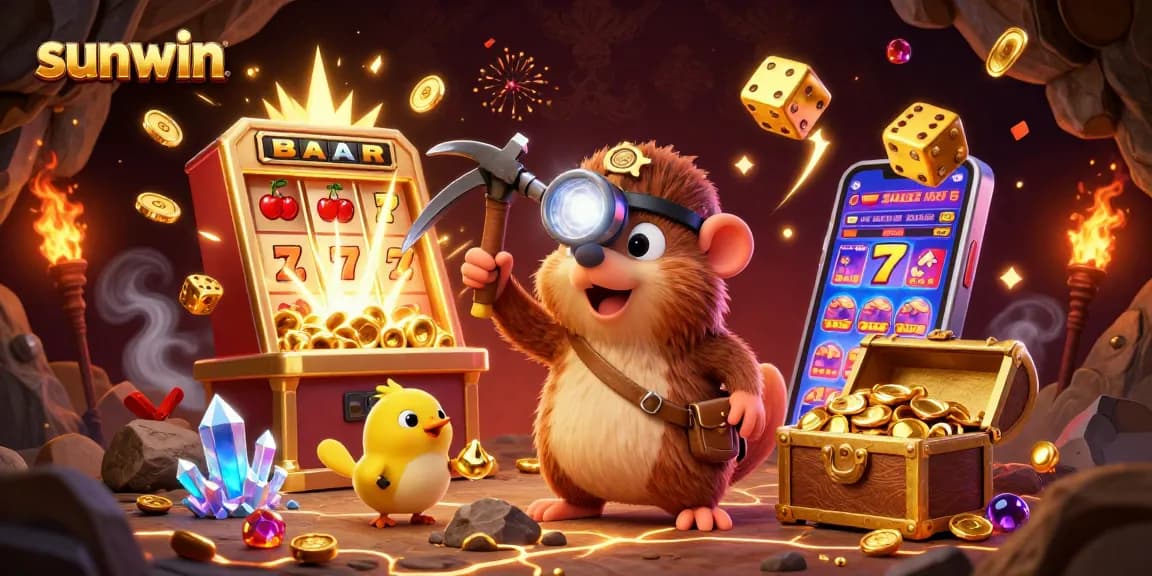 Exciting sunwin jackpot scene with a treasure hunter mole, slot machine, and dazzling gems.