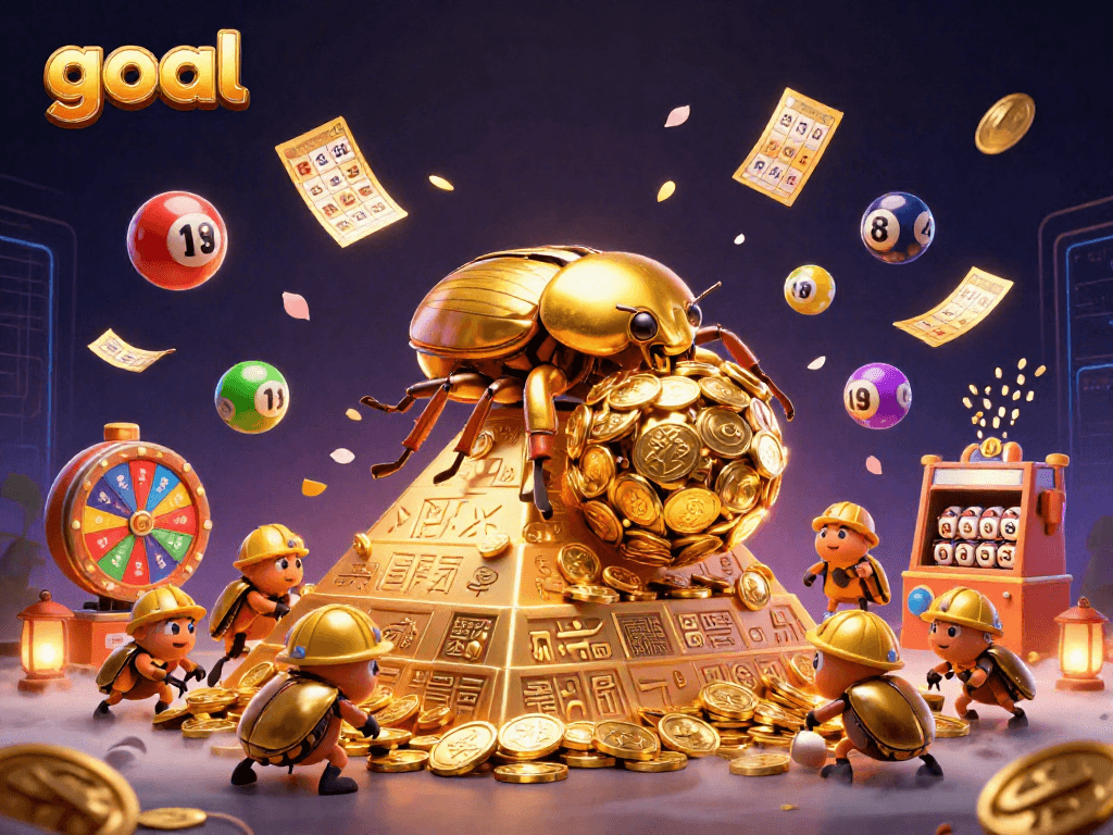 Engage with the thrilling goal game experience showcased by a massive beetle rolling a golden coin ball.
