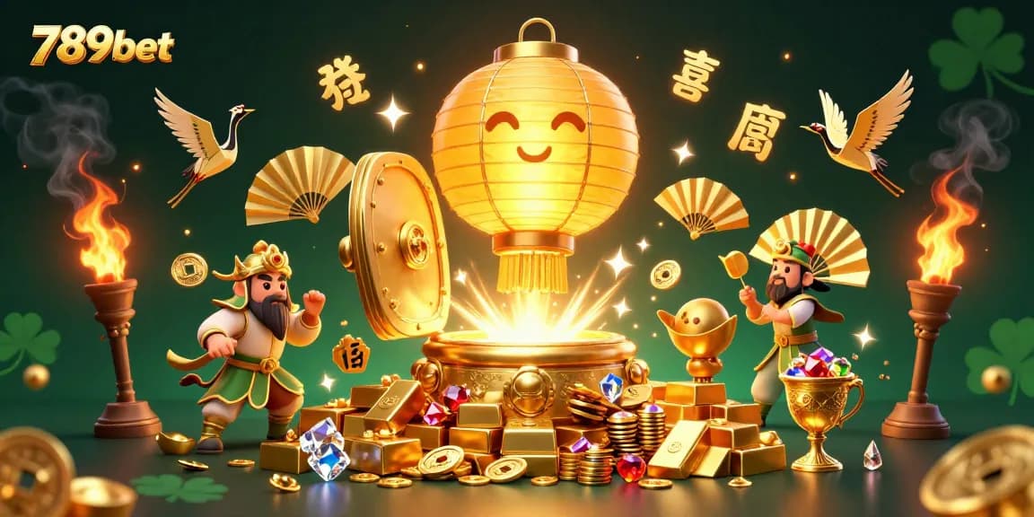 Play and win with 789bet in a lavish 3D casino fantasy scene filled with golden treasures and lucky symbols.