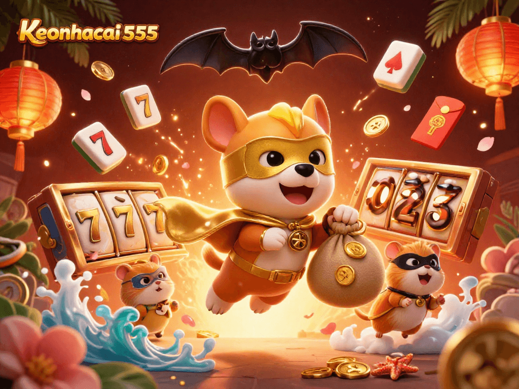 keonhacai555 heroically showcases winning slot reels and golden coins in an electrifying casino scene.