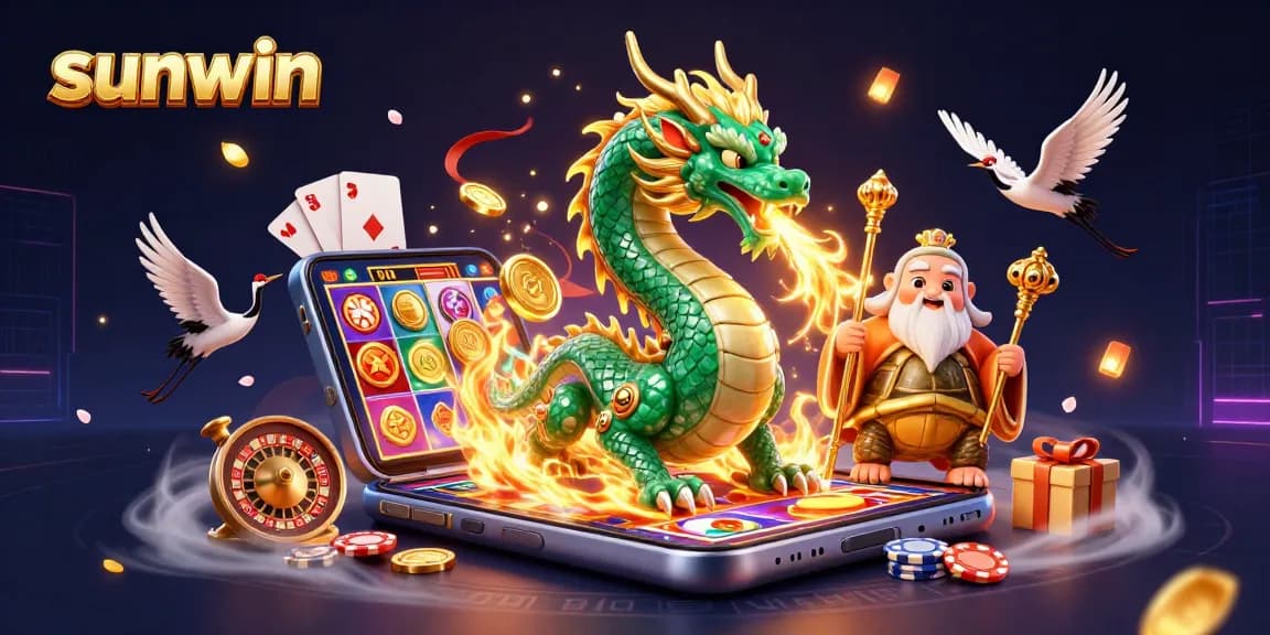 Engaging scene showcasing the sunwin brand with a jade dragon, turtle sage, and lucky cranes in a vibrant casino setup.