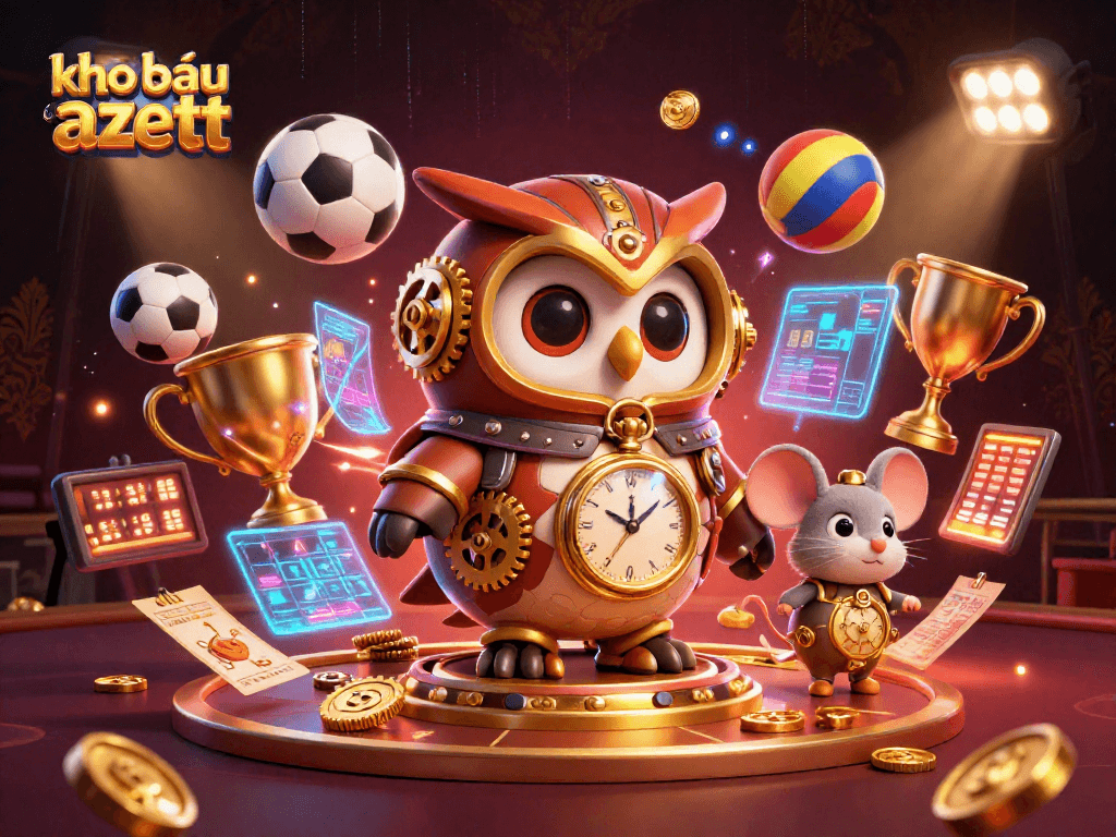 Spin and win big in kho báu aztec with dynamic 3D owl and futuristic casino elements.