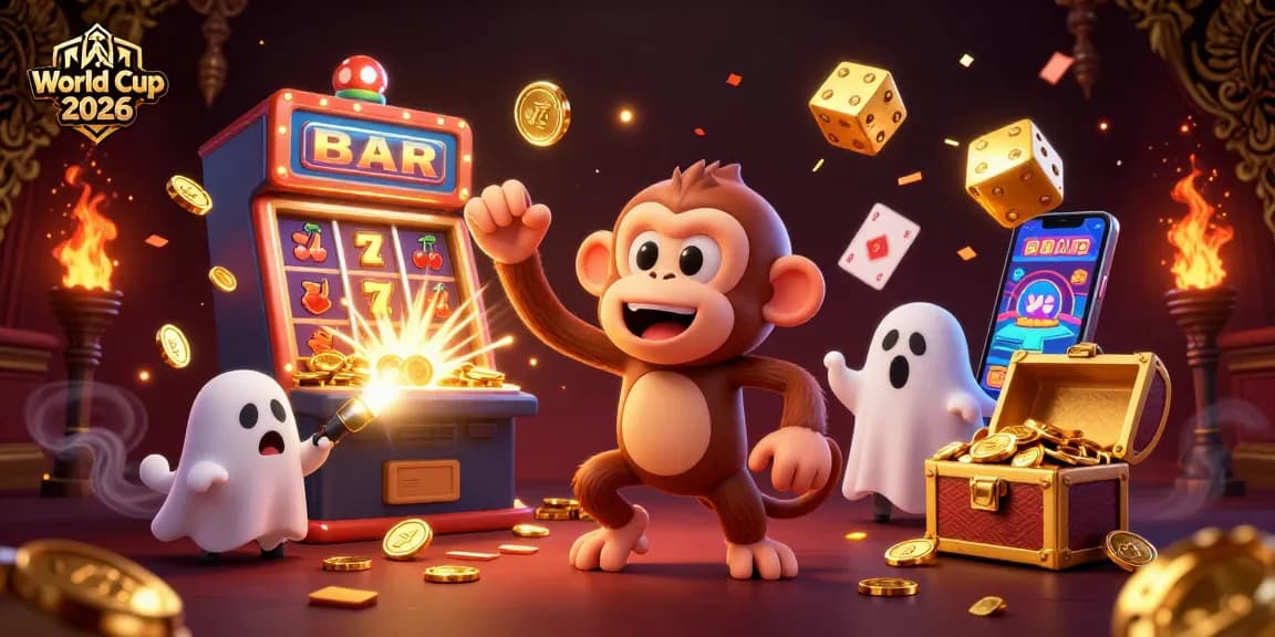 Experience the thrill of World Cup 2026 with a playful monkey juggling coins in a bustling casino scene.